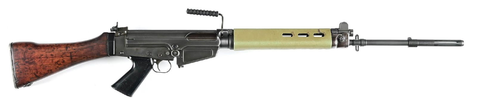 (M) DSA RW.1954 FAL PATTERN 7.62X51MM SEMI-AUTOMATIC RIFLE.: Built on a collector edition DSA receiver with replica early contract Gendarmerie markings. Features include long slotted flash hider, protected post front sight, adjustable aperture rear, olive compo