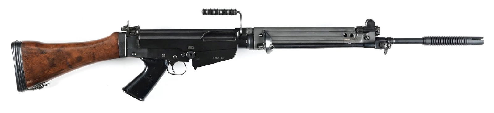 (M) IMBEL FAL .308 WINCHESTER SEMI-AUTOMATIC RIFLE.: Receiver dated 2001 inside the magazine well. Mixed blued and matte finishes. Fitted with a grenade launcher forend. Standard sights. Furniture includes stamped steel forend with folding bipod, black