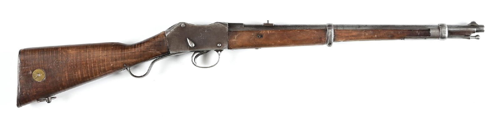 (A) H.R.B. CO. I.C.1 MARTINI HENRY ARTILLERY CARBINE (1894): The HRB refers to the Henry Rifle Barrel Company. These marks are found stamped on the right side of frame along with Crown and date. Standard features include the walnut forearm, two bands, single le