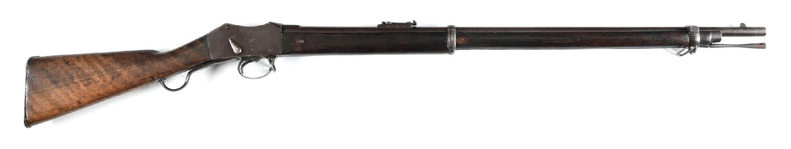(A) BSA MARK II 1876 DATED MARTINI HENRY SINGLE SHOT RIFLE.: The Mark II rifles were standard British military issue during the 1879 Zulu War. The right side of frame is stamped with "VR / (Crown)" and BSA & M Co. date and broad arrow. The right side of stock s