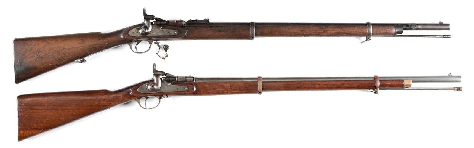 (A) LOT OF 2: SNIDER-CONVERTED ENFIELD SINGLE SHOT RIFLES.: Lot consists of (A) Enfield lock is dated 1864. The war department WD stamp is on the Snider conversion unit. Standard two band, metal rod, military rear sight, one piece walnut stock with Enfield car
