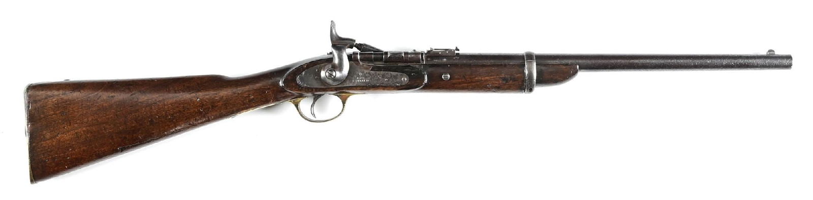 (A) SNIDER ENFIELD MARK III SINGLE SHOT CARBINE (1869).: These were factory built Snider cartridge carbines following the pattern 1853 muzzle loading rifles. The lock on this example is stamped "Enfield 1869" with VR Crown. Both the barrel and frame display