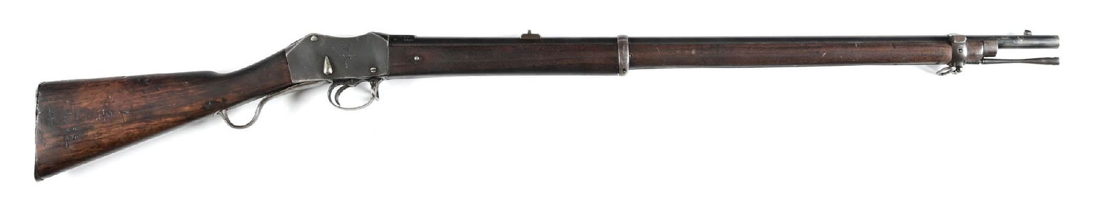 (A) BSA & M CO. MARK II MARTINI HENRY SINGLE SHOT RIFLE (1877).: The right side of frame exhibits the Crown with the BSA legend and dated 1877. This rifle features the full length forearm, two band with simple single leaf rear sight, metal rod, and sporting the usu