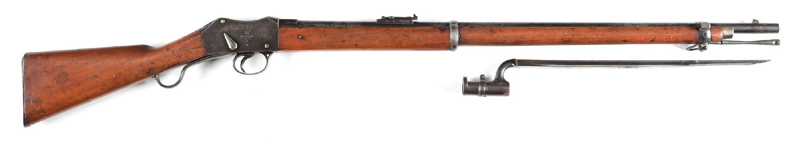 (A) ENFIELD MARK I MARTINI HENRY RIFLE WITH BAYONET (1873).: Even though it was the Mark II that was the standard British issue rifle during the Zulu War, many of the older Mark I models were still in use. The right side of frame exhibits the Crown with Enfield