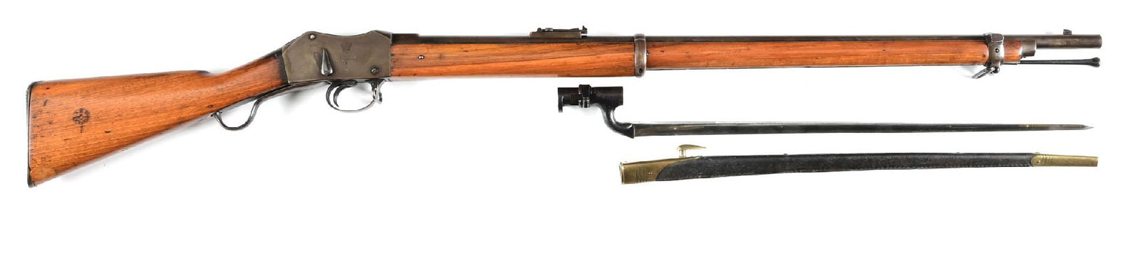 (A) ENFIELD MARK I 1873 DATED MARTINI HENRY SINGLE SHOT RIFLE WITH BAYONET.: The right side of frames has the Crown proof with "Enfield" and is dated 1873. The Mark II rifle was standard issue during the Zulu War, but there were some earlier models used during that conflict. S