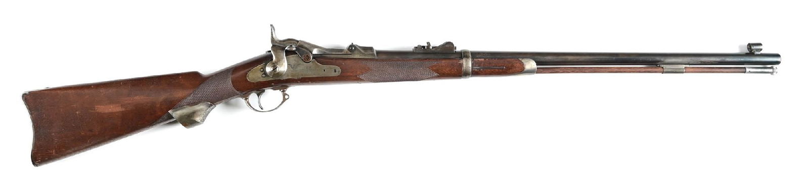 (A) SPRINGFIELD TRAPDOOR 1873 SINGLE SHOT RIFLE MADE TO RESEMBLE AN OFFICER'S MODEL.: Created from an original 1873 Springfield Trapdoor rifle whose walnut stock exhibits the SWP Sam Porter 1880 dated cartouche with the original 1873 Trapdoor rear sight. The original barrel has the lef