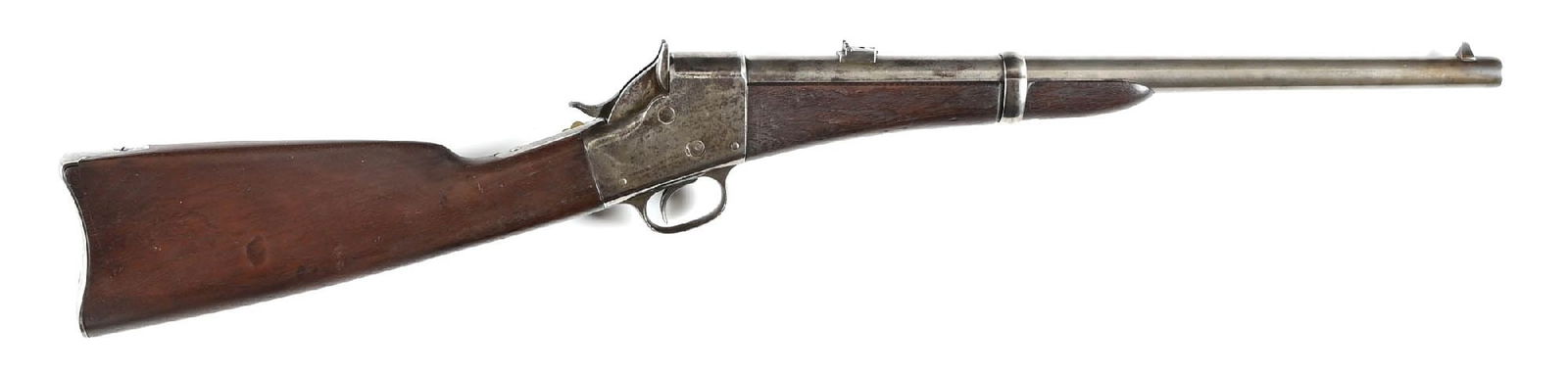 (A) REMINGTON TYPE II SPLIT BREECH ROLLING BLOCK CARBINE.: The top of barrel has a simple "J" inspector stamp. The left side of stock has two inspector cartouche stamps: "JT" for John Taylor and "CGC" for Charles Curtis. The factory legend on right side of fr