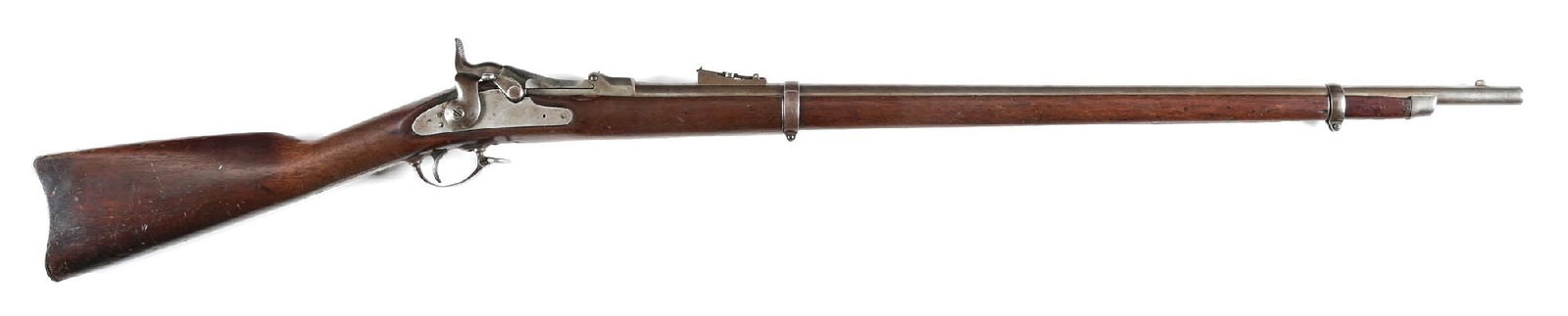 (A) VERY EARLY U.S. SPRINGFIELD MODEL 1873 TRAPDOOR SINGLE SHOT RIFLE.: According to serial number research, this serial number dates to the April through June 1874 period. The walnut stock still has the early "ESA" cartouche stamp on left side for Erskine Allin. Standard