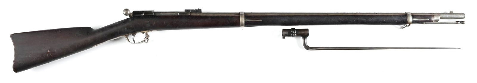 (A) US SPRINGFIELD MODEL 1871 WARD BURTON RIFLE WITH BAYONET.: The first official bolt action of US Springfield manufacture. Brightly finished round barrel with post front sight acting as bayonet lug. Folding staff type rear sight as used on Model 1870 Trapdoor r