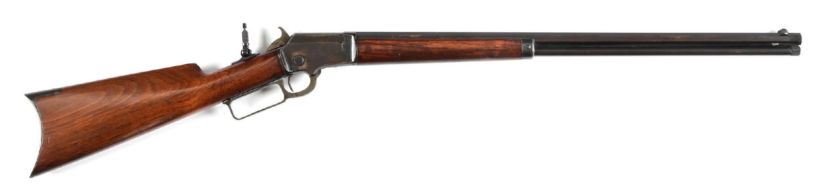 (A) MARLIN MODEL 1892 .32 RF LEVER ACTION RIFLE.: Standard rifle with full octagon barrel, full length magazine tube, take down, Sheard white bead front sight, filled rear slot, and tang sight. Standard blue finish, walnut stock, and rifle buttplate