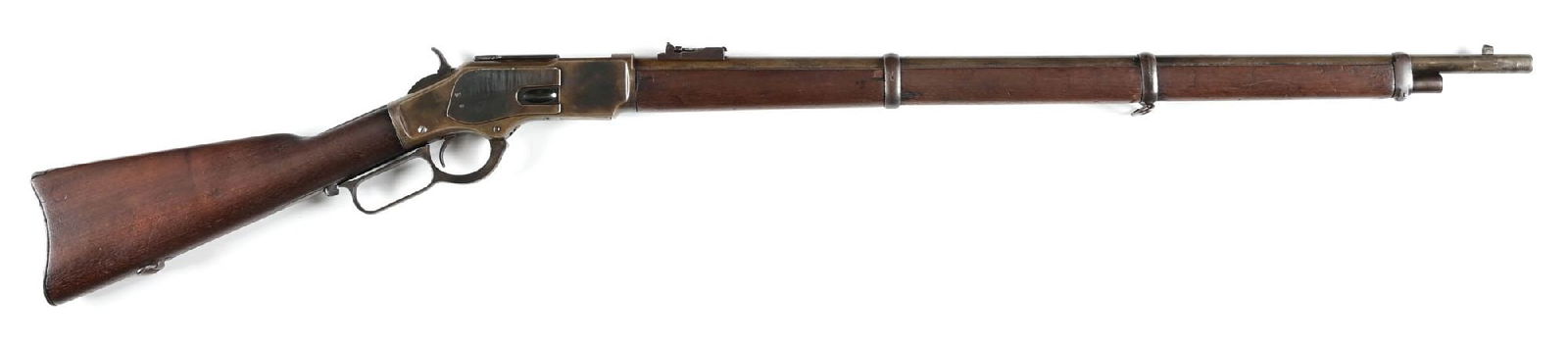 (A) WINCHESTER MODEL 1873 LEVER ACTION MUSKET (1891).: Dates to 1891. With an eye towards a military contract, Winchester produced these full forearm military style lever action rifles with a walnut stock and a metal carbine style butt plate. Three bands,