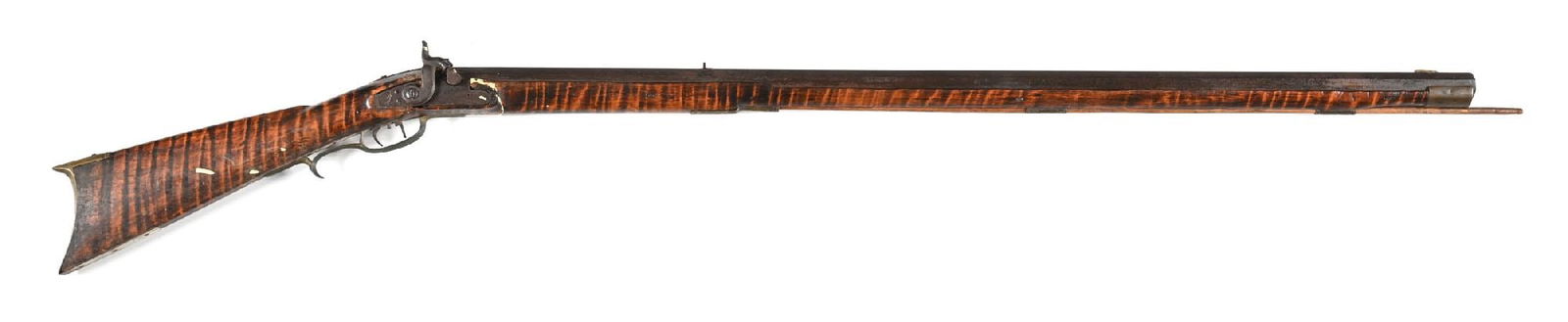 (A) GIBBS MARKED KENTUCKY PERCUSSION RIFLE.: The signature first character appears to be an "L", "S", or "T". Features an octagonal barrel, striped maple stock, replacement ramrod, percussion lock with illegible stamp, double set triggers, and i