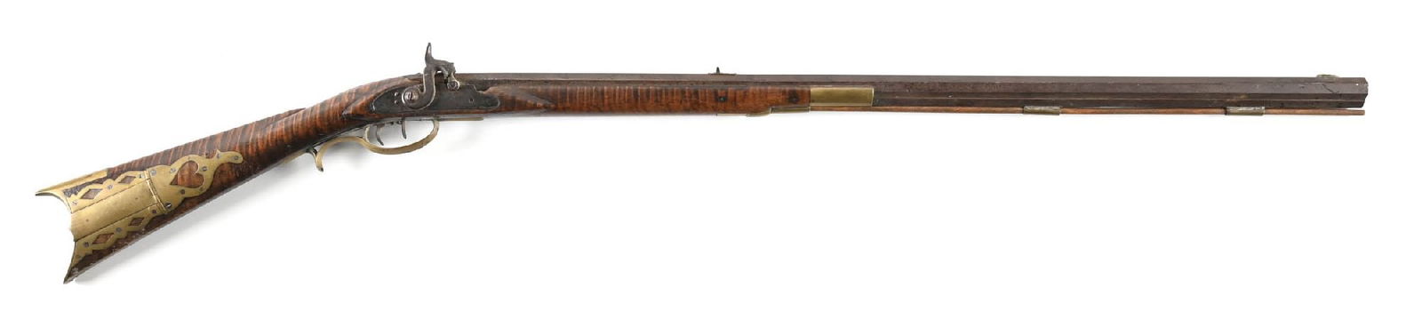 (A) MID-19TH CENTURY HALF STOCK PERCUSSION KENTUCKY RIFLE.: The octagon barrels appears to be signed "HF". Browned barrel, percussion lock has an illegible legend, striped maple half stock, double set triggers, and iron hardware with brass furniture. CONDITON: