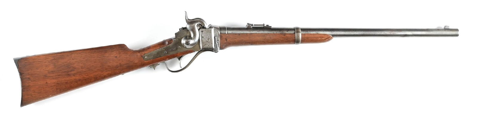 (A) SHARPS NEW MODEL 1863 SINGLE SHOT BREECH-LOADING PERCUSSION CARBINE.: Post mounted blade front sight and flip up rear sight with Lawrence patent markings on top. 2 piece oil finished walnut stocks with steel buttplate. Lawrence pellet prime mechanism ignition or traditi