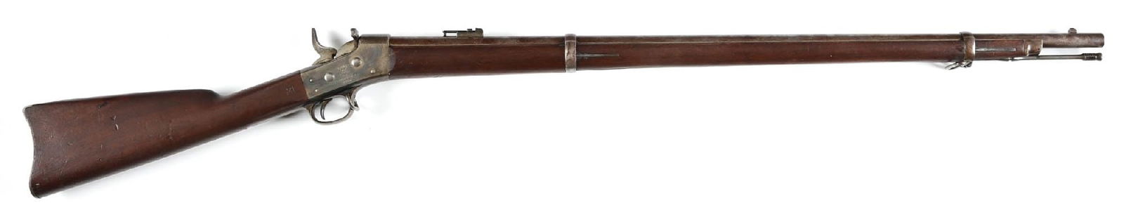 (A) US SPRINGFIELD MODEL 1871 .50-70 ROLLING BLOCK RIFLE: Made at the Springfield armory circa 1871/72 under a Remington contract to use their rolling block action. The left side of the action is stamped "Model 1871" while right side is stamped "US SPRINGFIE