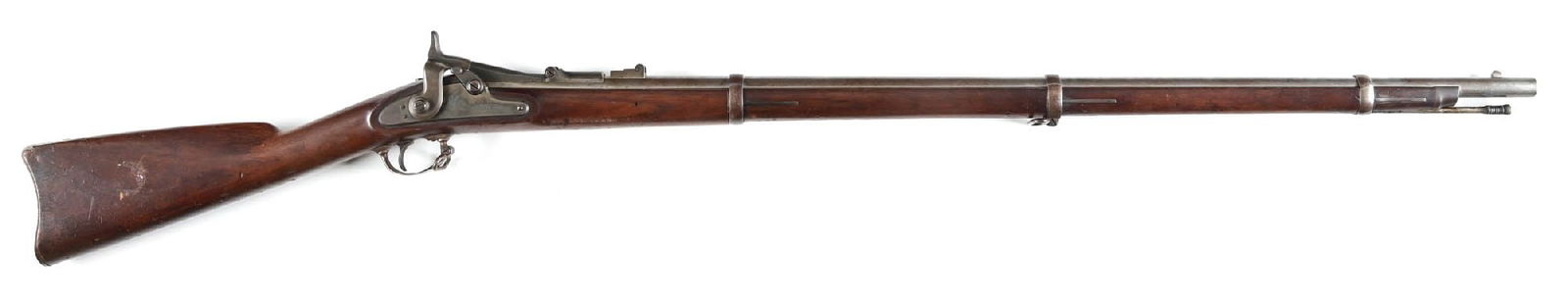 (A) FINE U.S. SPRINGFIELD MODEL 1866 ALLIN CONVERSION TRAPDOOR RIFLE.: The case color US Springfield lock is dated 1865. The block is stamped 1866 with eagle head. It is a standard three band with folding leaf Civil War era type rear sight. The left side of stock shows t