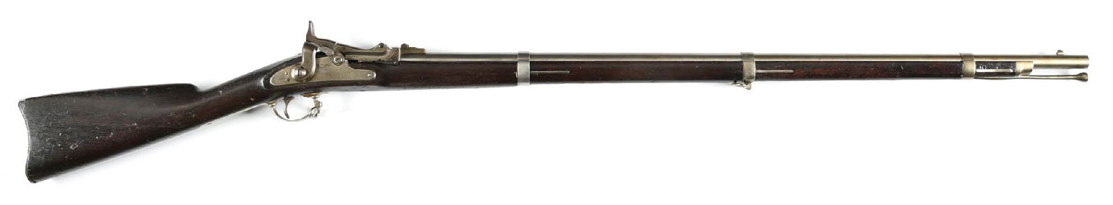 (A) SPRINGFIELD MODEL 1865 TRAPDOOR RIFLE WITH FIRST MODEL ALLIN CONVERSION.: This early conversion displays the visible rack and pinion ejector on the right side of frame. The US Springfield lock plate is dated 1865. it is a standard three band but the barrel measures 36", not