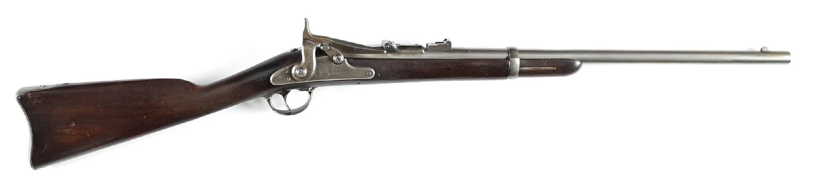 (A) CUSTOM U.S. SPRINGFIELD MODEL 1866 TRAP DOOR CARBINE: Springfield never officially made an 1866 saddle ring carbine so this carbine had to be made up at some point as it now has the 22" barrel, a saddle ring and bar, an 1864 US Springfield and eagle lock
