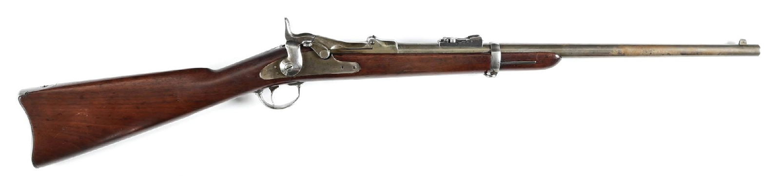 (A) VERY EARLY U.S. SPRINGFIELD MODEL 1873 TRAPDOOR SINGLE SHOT CARBINE: The serial number dates this carbine from Jan. through March of 1874. The block is dated 1873. Standard features include single barrel band with swivel. The lock has the US Springfield with eagle. Bar