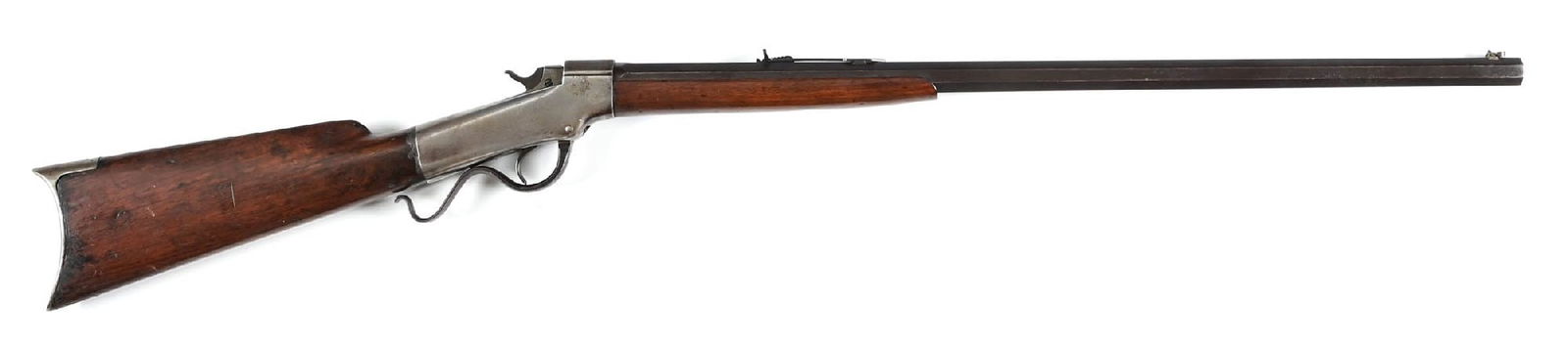 (A) MARLIN-BALLARD NO. 2 SPORTING FALLING BLOCK RIFLE.: This standard sporting rifle features the full length octagon barrel, a folding Beech front sight, semi-buckhorn rear sight, three line address on left side of frame, S-lever, walnut stock, rifle butt