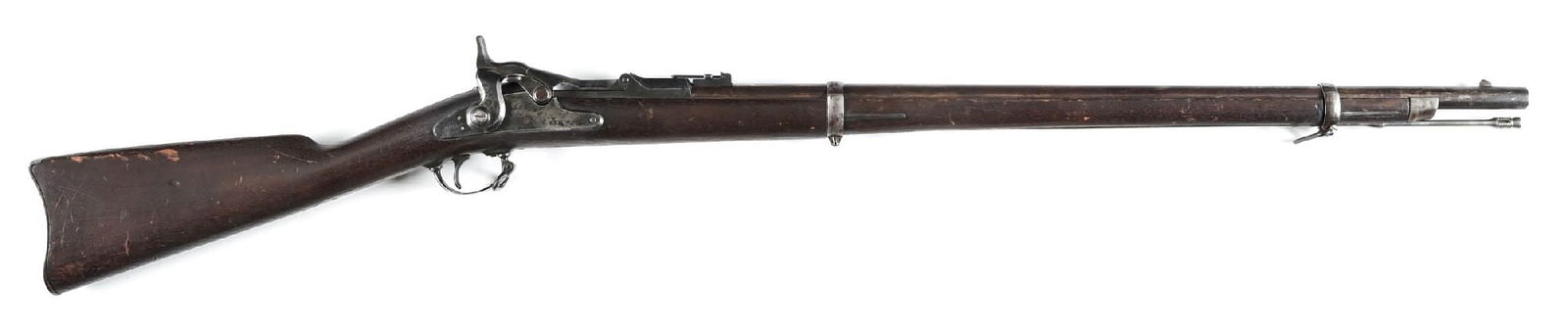 (A) U.S. SPRINGFIELD MODEL 1869 CADET TRAPDOOR RIFLE.: 3422 of these 29 - 5/8" Cadet rifles were made from 1869 through 1876. The block is dated 1869. The serial numbers on frame and barrel match. Features the two bands, metal rod, the early folding ladde