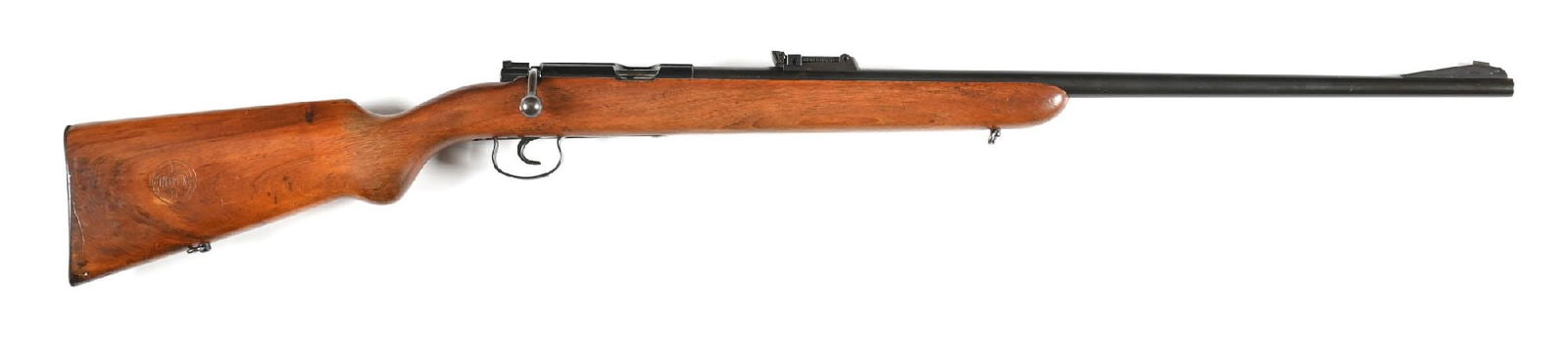 (C) PRE-WAR MAUSER MODEL 340 BOLT ACTION SINGLE SHOT TARGET RIFLE.: Features the blue finish, ramp front sight, military style target rear sight, plain round knob walnut stock, a Mauser banner steel butt plate, and swivels. The right side of stock has a large Mauser b