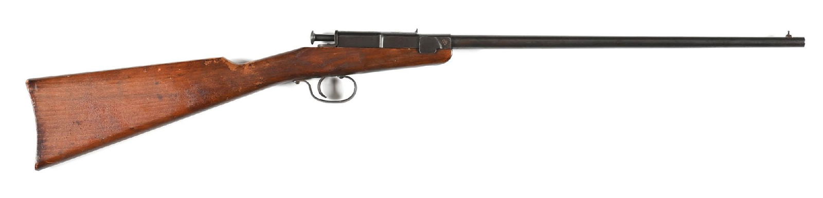 (C) DEUTSCHE WERKE MODEL II SINGLE SHOT .22 RIFLE.: Made by the Deutsche Werke in Weimar, Germany during the 1920-1930s. Features the blue finish, dovetailed front sight, simple leaf rear sight and a hardwood stock. The left side of stock and the top o