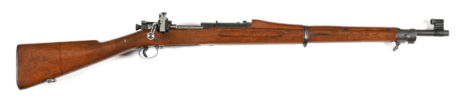 (C) U.S. SPRINGFIELD MODEL OF 1903 BOLT ACTION RIFLE.: The frame dates to 1933. The barrel is an 11-44 High Standard replacement. The finger groove walnut stock has a single reinforcing bolt. The left side of the stock has a block letter JSA cartouche for