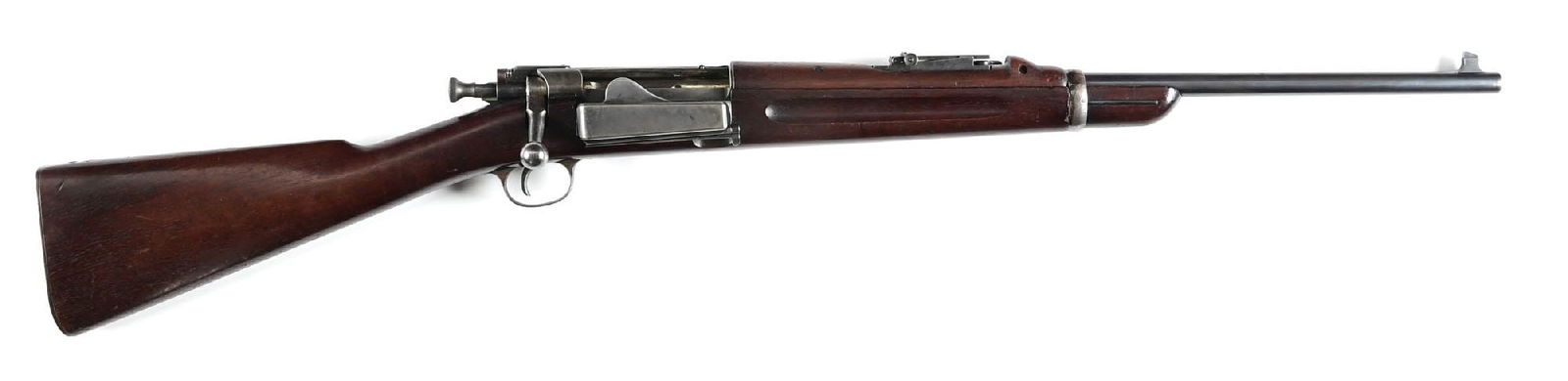 (C) U.S. SPRINGFIELD MODEL 1899 KRAG BOLT ACTION CARBINE (1902).: Blue finish with oil finished walnut stock with 1902 cartouche. The 1899 Carbine is very similar to its predecessor the 1898 with the absence of the Calvary sling bar on the left side. "C" marked carb