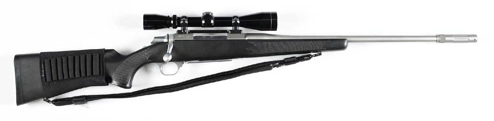(M) BROWNING ARMS A-BOLT ACTION RIFLE IN .30-06 SPRINGFIELD.: Made in Japan. Features the brushed stainless finish. Barrel fitted with a compensator. Rifle sports a Leupold Vari X 2, 3 x 9 with a duplex reticle scope. The checkered black composite stock features