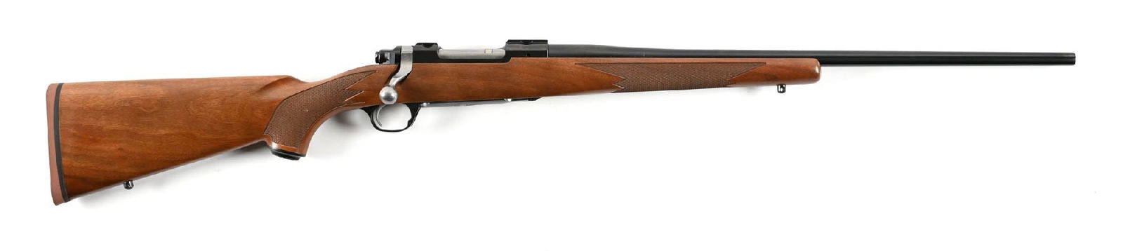 (M) RUGER M77 HAWKEYE .308 WINCHESTER BOLT ACTION RIFLE WITH BOX.: Features the oil finished walnut stock with checkered pistol grip, red recoil pad, and sling eyes. Blue finish and without provisions for iron sights, but comes with a set of rings. Comes in matching