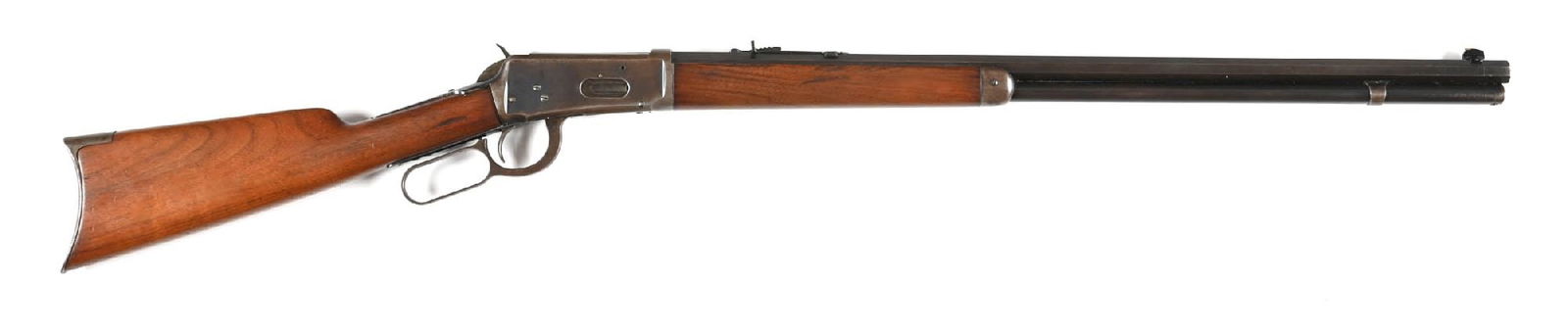 (C) WINCHESTER MODEL 1894 LEVER ACTION RIFLE.: Dates to 1901. This standard solid frame rifle features the full octagon barrel, a dovetailed Marbles bead front sight, a semi buckhorn rear sight, blue finish, case color lever and hammer, walnut sto
