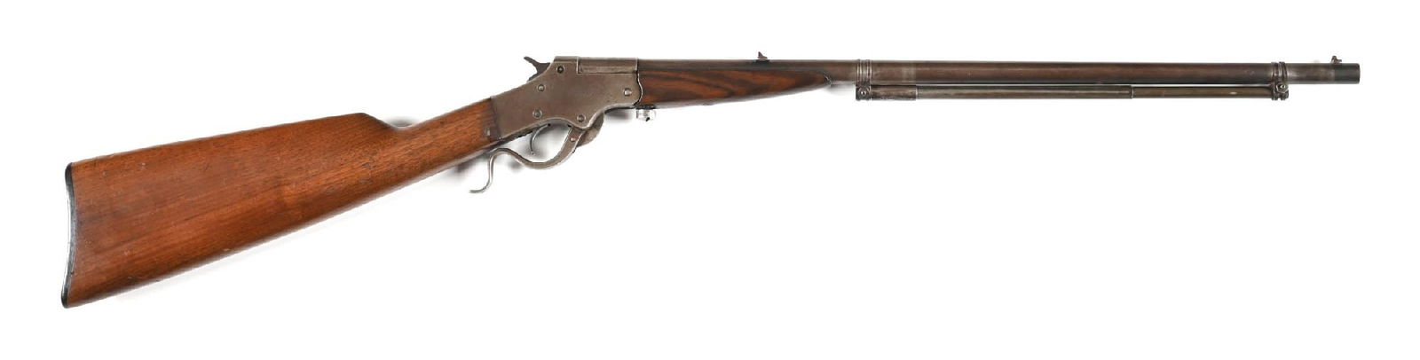 (C) STEVENS MARKSMAN FALLING BLOCK SINGLE SHOT RIFLE WITH RARE 1922 PATENT PENDING ENDRES BROS.: The rear of the tube is maker stamped along with a patent pending date of February 7, 1922. Essentially a loading tube to store extra .22 cartridges and attached to the base of the barrel. When the lo