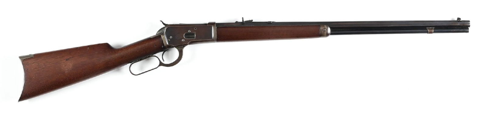(C) WINCHESTER MODEL 1892 LEVER ACTION RIFLE (1911): Dates to 1911. Standard rifle with blue finish, full octagon barrel, full length magazine tube, dovetailed front sight, semi-buckhorn rear sight, and walnut stock with rifle buttplate and matching for