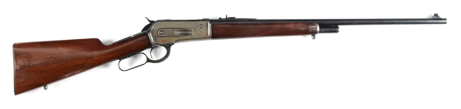 (C) WINCHESTER LIGHTWEIGHT MODEL 1886 LEVER ACTION RIFLE (1901).: The frame dates to 1901. Accordingly, there are no PW proof marks on either the barrel or frame. The lightweight tapered barrel sports a pinned bead on base front sight, a semi-buckhorn rear sight, bl