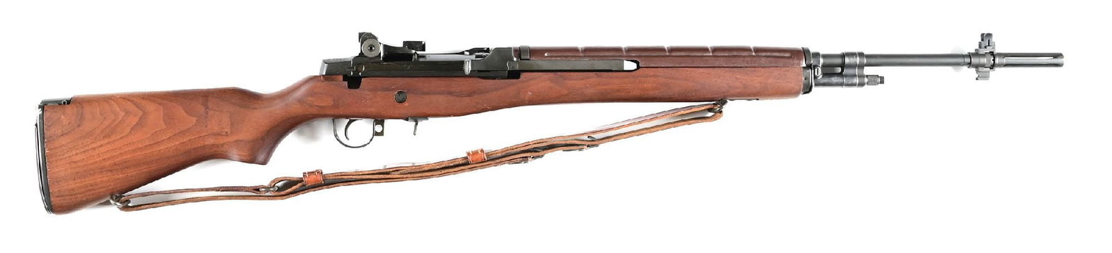 (M) NATIONAL MATCH SPRINGFIELD M1A SEMI-AUTOMATIC RIFLE.: With parkerized finish, National Match front and rear sights, and walnut stock with "MRT" marked leather shooting sling. Flash hider with bayonet lug. National Match barrel and properly glass bedded s