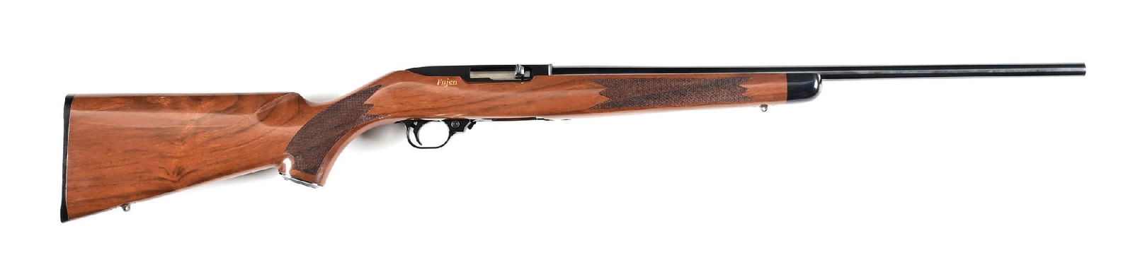 (M) CUSTOM RUGER 10/22 SEMI-AUTOMATIC SPORTING RIFLE.: Blued sporting taper barrel by Midway without sight provisions. Quality checkered walnut Fajen stock. Has an ebony forend tip, capped pistol grip, double line cheekpiece, sling eyes, and serrated butt