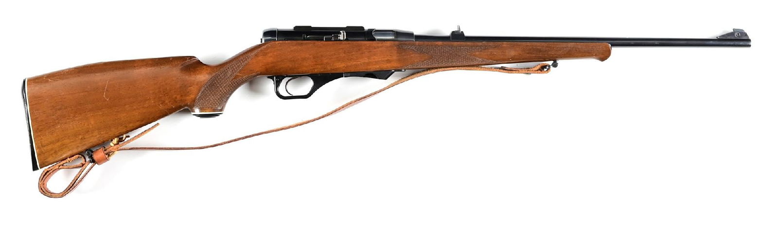 (M) HECKLER & KOCH MODEL HK300 .22 MAGNUM SEMI-AUTOMATIC RIFLE: Manufactured in 1977 classically configured with blued finish, sporting sights, and Schnabel tipped walnut stock with European style cheekpiece. Includes leather sling. CONDITION: Very good with brigh