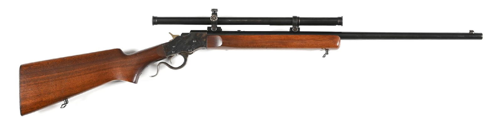 (C) STEVENS MODEL 404 SEMI MILITARY FALLING BLOCK RIFLE.: This rifle has a few variations to the standard listed model. It has a dovetailed front sight, not a globe. The barrel has a rear dovetail that has a filler and there is no left side mounted receiver