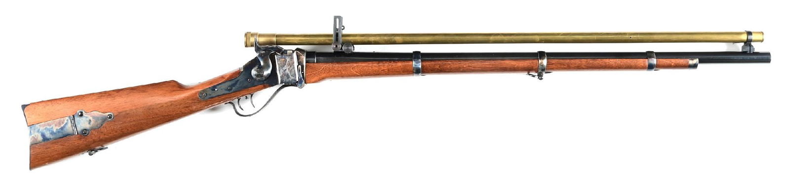 (M) PEDERSOLI SHARPS MODEL 1874 MILITARY STYLE RIFLE IN .45-70.: This model features the nearly full length walnut forearm along with three barrel bands. The stock has a patch box on the right side. 32 - 1/2" Navy Arms 3/4" brass tube scope with the front mount usi