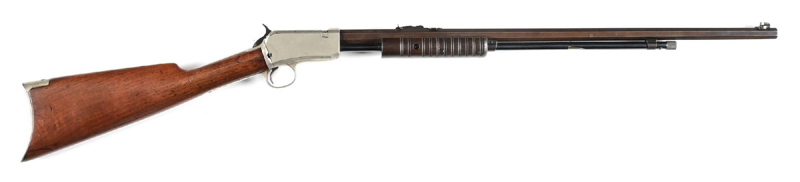 (C) WINCHESTER MODEL 1890 HALF PLATE SLIDE ACTION RIFLE.: Dates to 1918. Referred to in factory catalogs as a half plate with the frame, trigger guard, bolt and buttplate nickel plated. Features an octagonal barrel, 2/3rds length magazine tube, aftermarket d