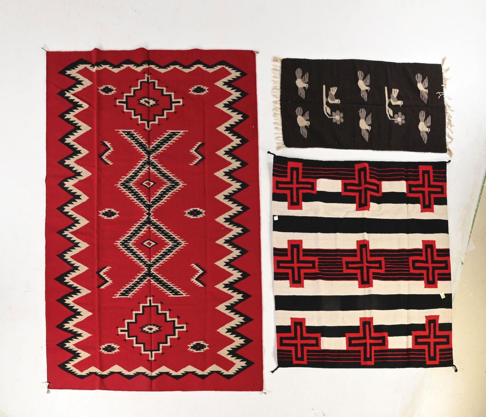 LOT OF 3: SOUTHWESTERN-STYLE WEAVINGS: All contemporary. (A) Ganado Style. Good condition. 72" x 108". (B) Third Phase Chief's Blanket Pattern. Good condition. 60" x 60". (C) Zapotec Weaving depicting birds. Good condition. 28-1/4" x