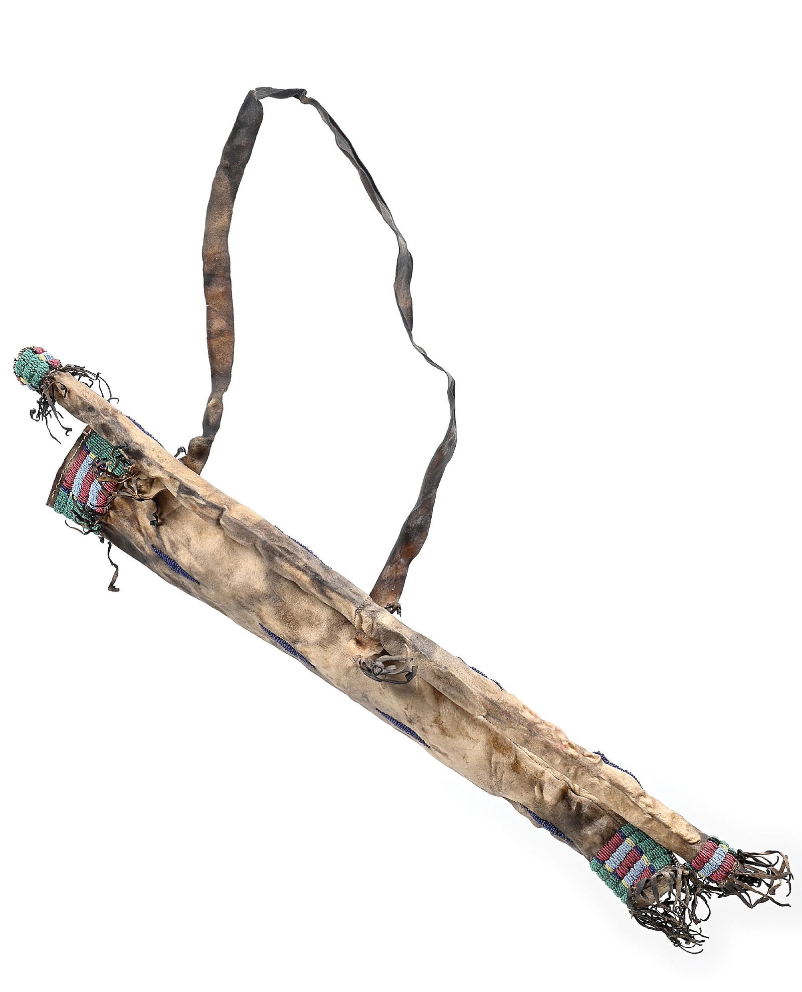 CHEYENNE BOW & ARROW QUIVER: With fringe extending from beaded rows on top and bottom of respective quivers. Arrow quiver has a row of beaded diamonds. Condition: Very stiff. Provenance: Regout Collection. Dimensions: 32" Length.