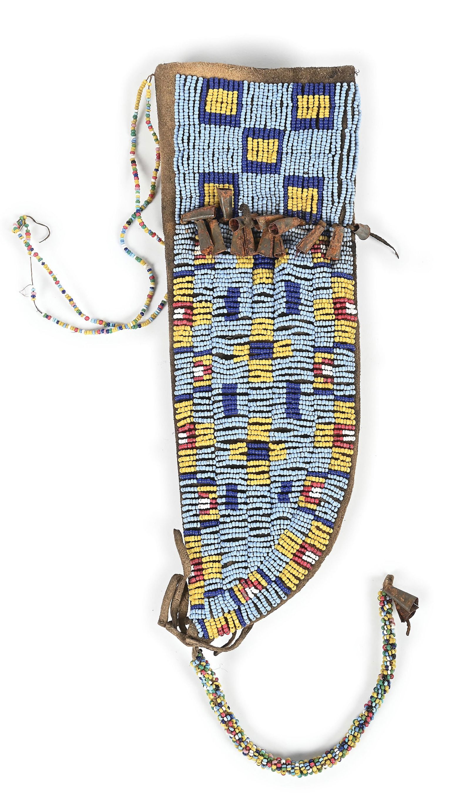 LOT OF 2: CHEYENNE (SUHTAI/TSITSISTAS) BEADED ITEMS: Both circa last quarter 19th century. (A) Fully beaded with partially quill-wrapped fringe. Condition: Very stiff. (B) Knife sheath. Condition: Very stiff. Provenance: Both Regout Collection.