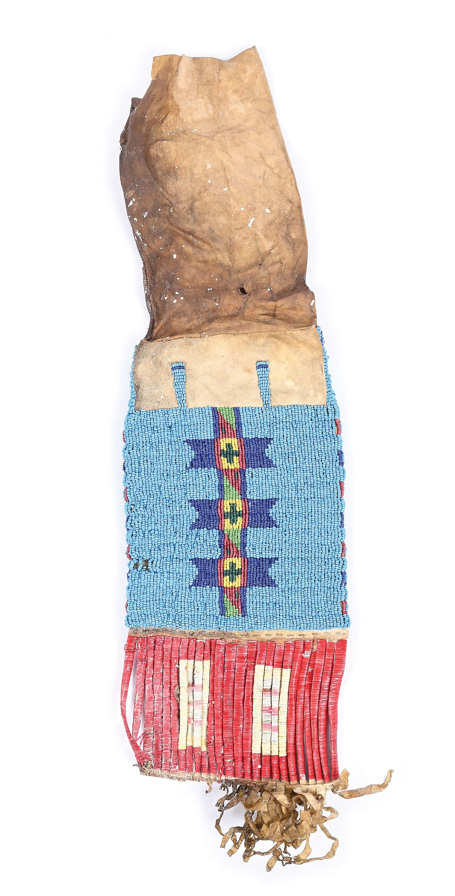 SIOUX (LAKOTA) PIPE BAG: With fully-beaded lower panel and quilled fringe panel below, partial fringe extending below that. Condition: Entire bag very stiff. Dimensions: 22 - 1/2" x 6".