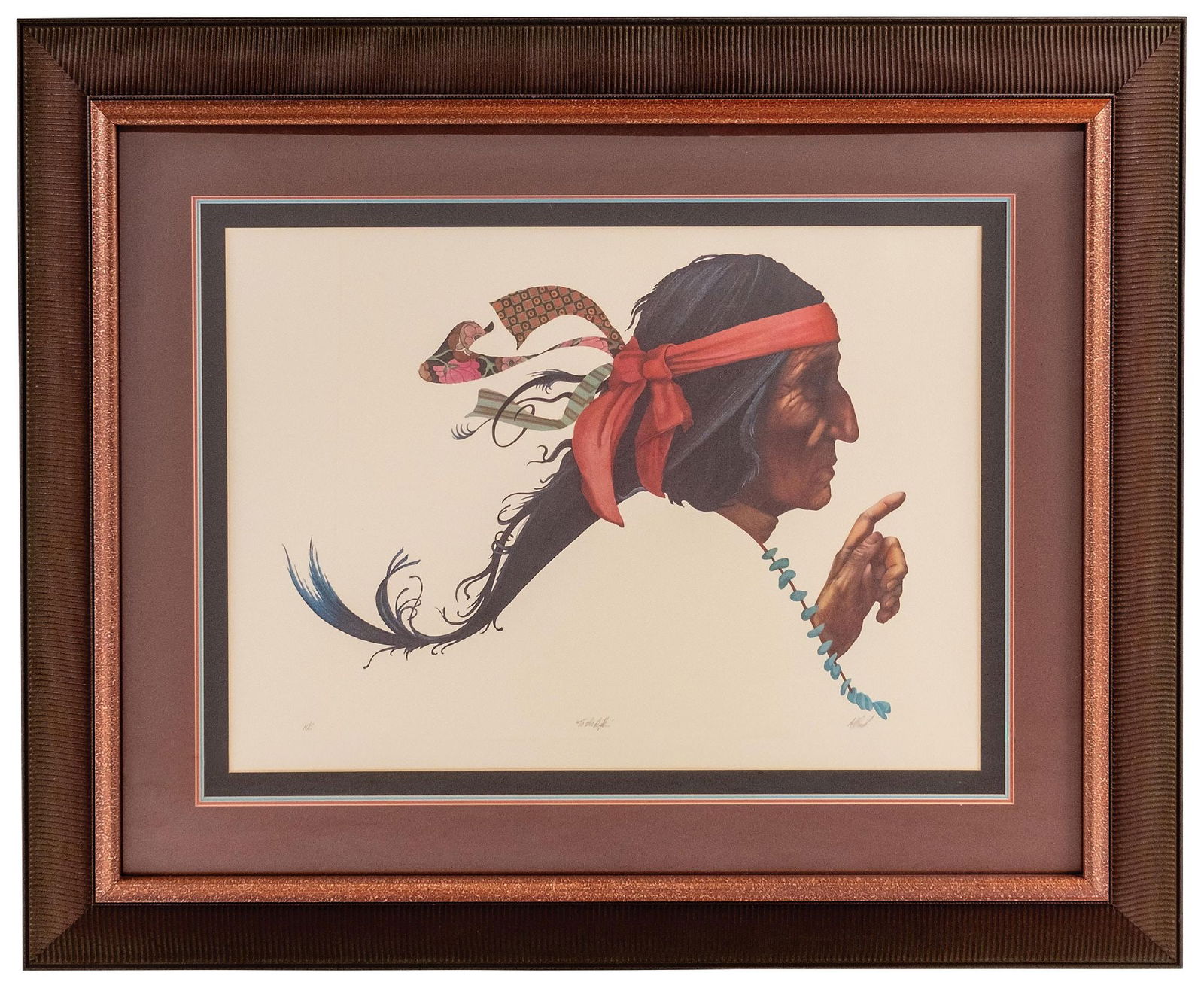 TO THE LIGHT PORTRAIT OF NATIVE AMERICAN MAN CONTEMPORARY LITHOGRAPH: Signed (illegible) "H-C". This is not a standard shippable item and will require 3rd party shipping or pickup arrangements to be made. Dimensions: 37 - 1/8" X 45 - 1/4"