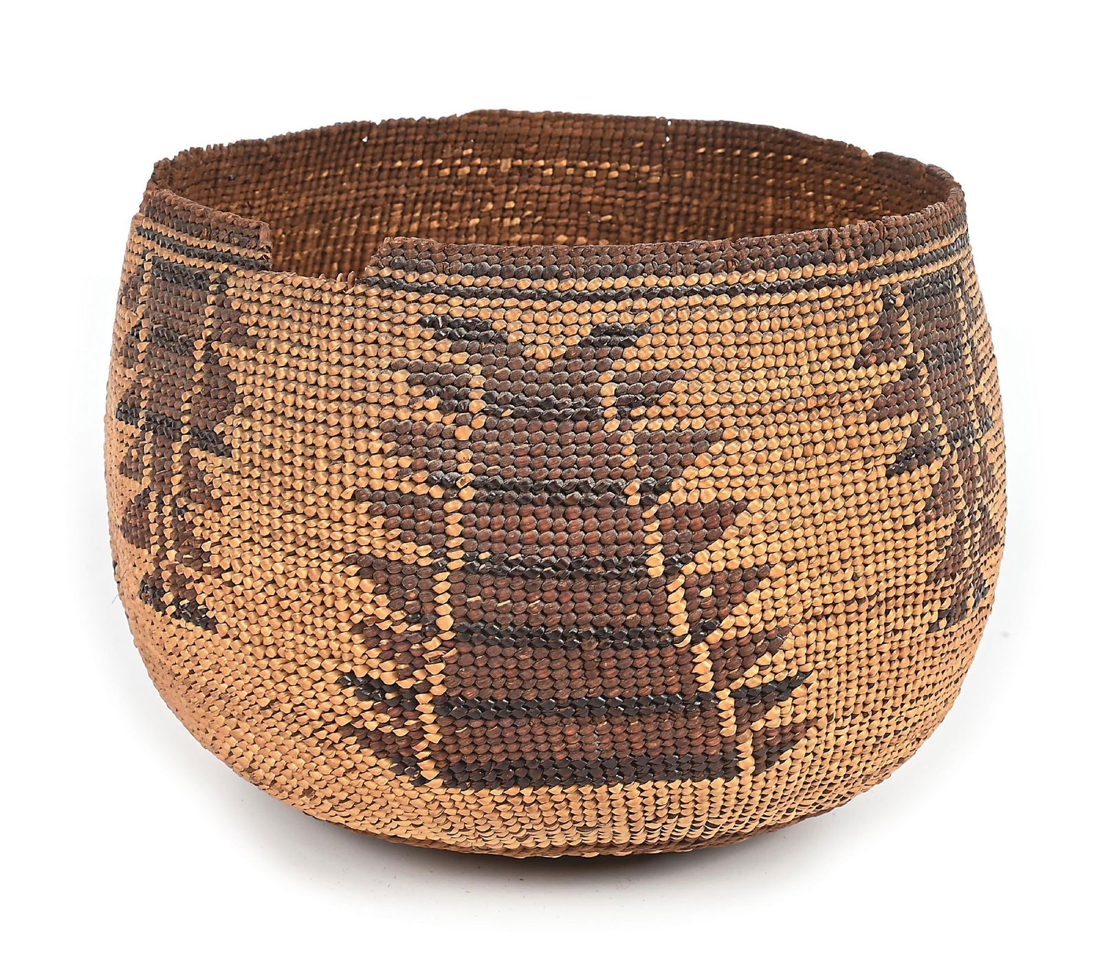 HUPA COMPLEX BASKET: With six columns of design element surrounding exterior. Condition: With multiple breaks and missing pieces from the rim. Dimensions: 6" Dia. x 4 1/4" T.