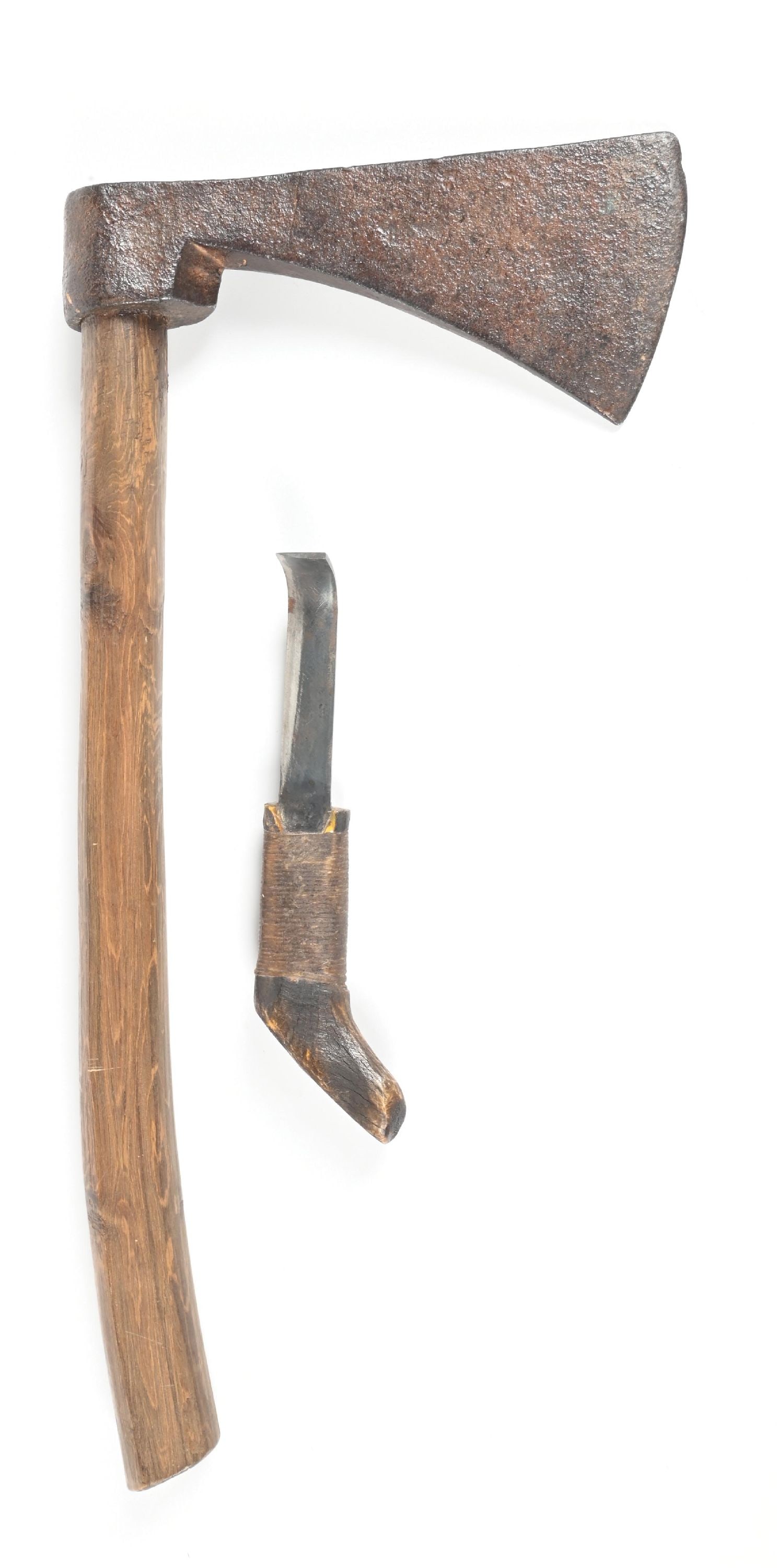LOT OF 2: NATIVE AMERICAN TOOLS: Contemporary replicas. Comprised of hand axe and curved knife. Dimensions: Largest: 8 - 1/2" x 18 - 3/4".