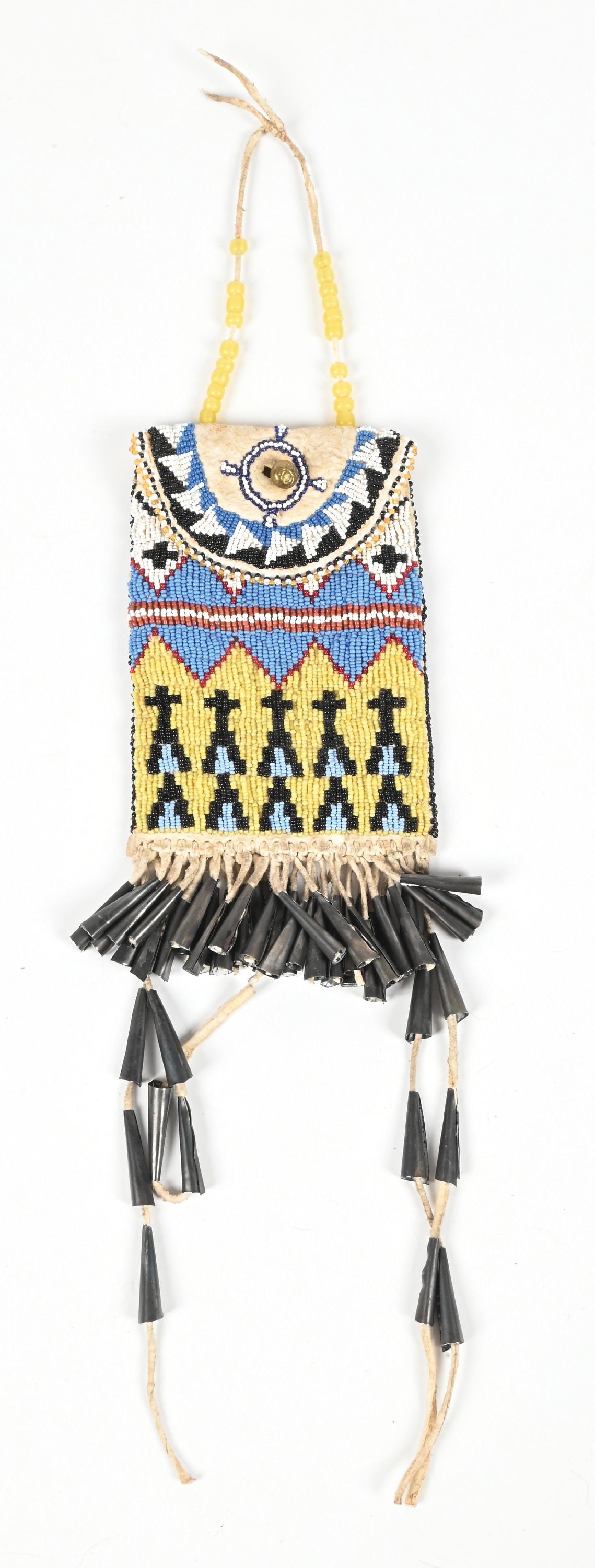 APACHE BEADED BAG: Contemporary. With tin cones. Dimensions: 4" x 7 - 1/2".