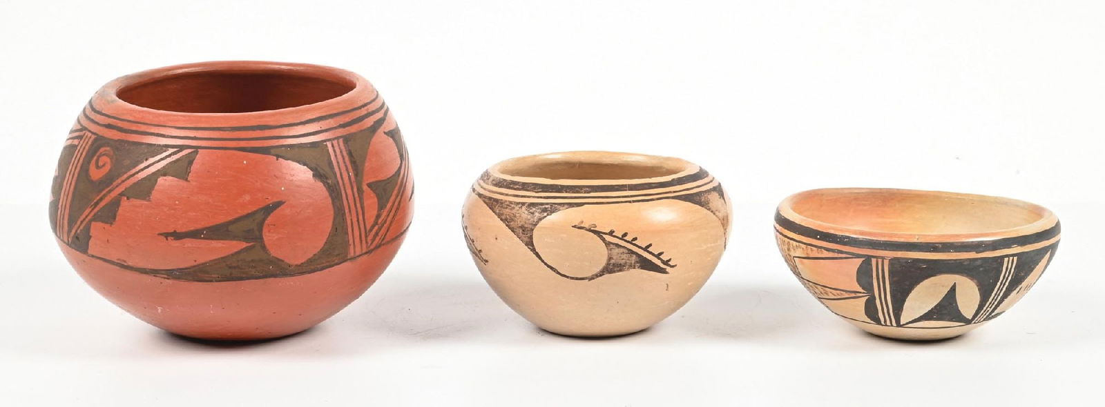LOT OF 3: HOPI BOWLS: Early 20th century. Slight pitting and rim chips. Provenance: Estate of N. Harman. Dimensions: Largest: 2 - 1/2" Dia. x 4 - 1/2".